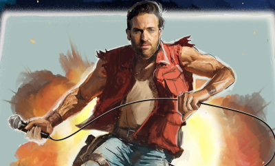 An illustration of a muscular man holding a mic and jumping in front of an explosion