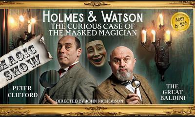 Two men dressed in Victorian suits, holding magnifying glasses with a mask in the background and an old candle